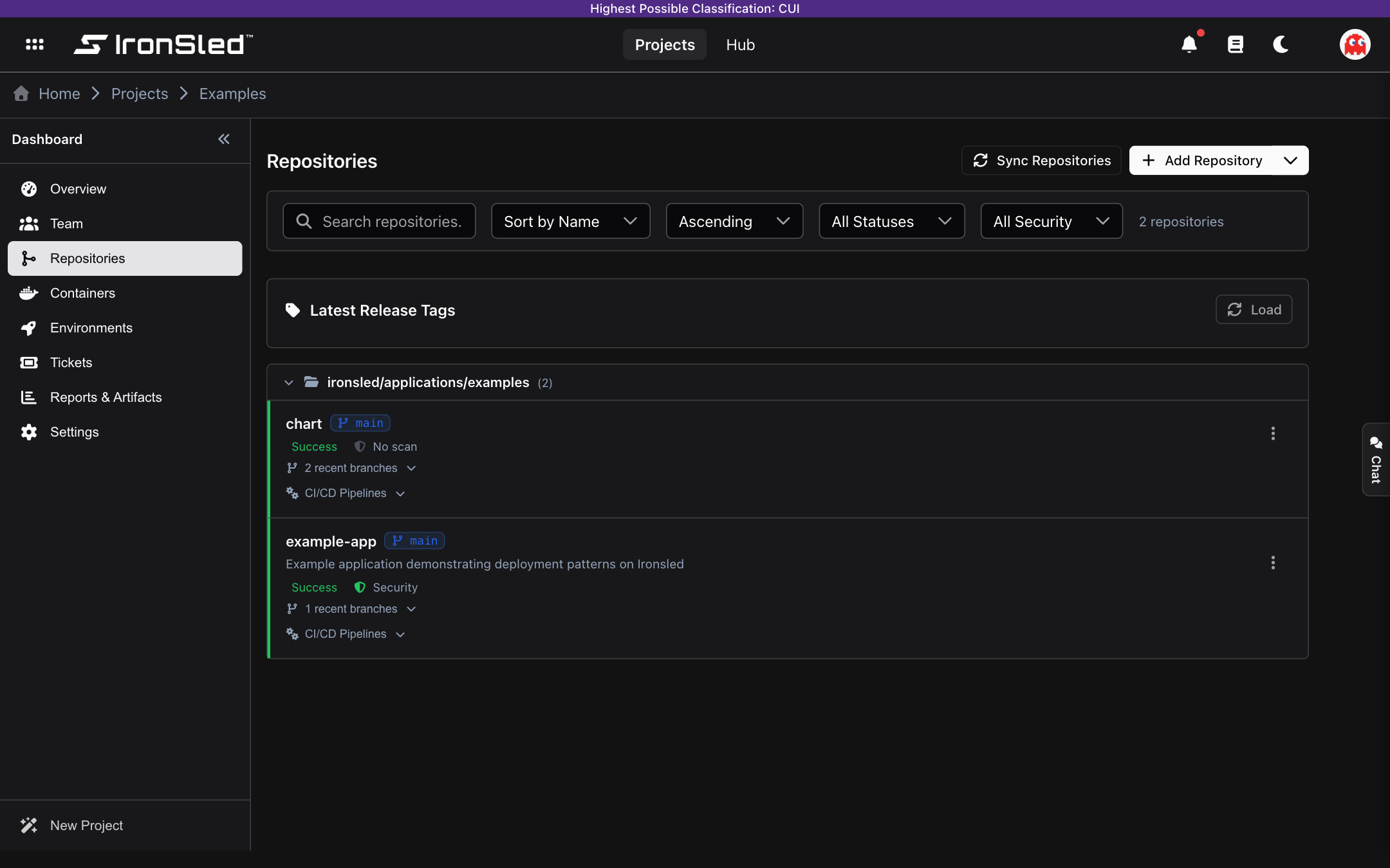 The Repositories section of an IronSled project showing branches, pipelines, and scan results